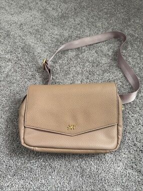 Freshly Picked Taupe Pebbled Crossbody with Pink Strap and Gold Logo